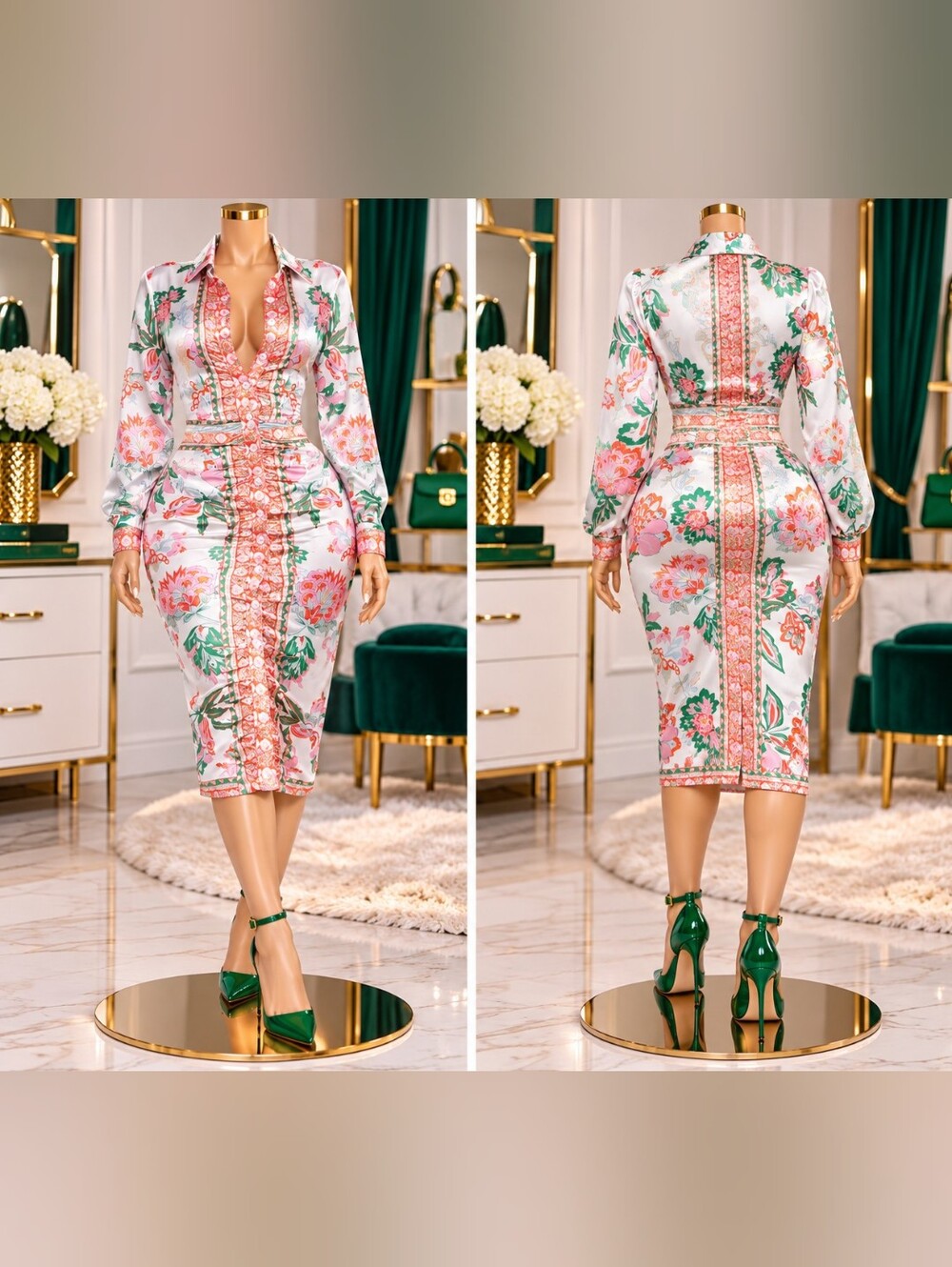 Elegant Floral Satin Midi Dress – Long Sleeve Bodycon Statement Dress
